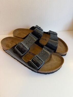 Birkenstock Arizona Two-Strap Sandals in Black with Metallic Texture